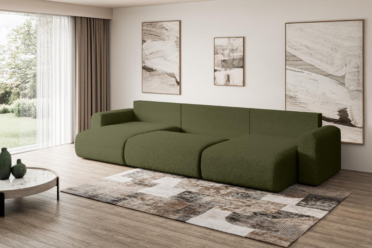 WOHNLANDSCHAFT mit Schlaffunktion und Bettkasten ORRO-U - 362x145x83 cm Grün Bouclé - Schwarz/Grün, Holzwerkstoff/Kunststoff (362/83/145cm) - ALTDECOR