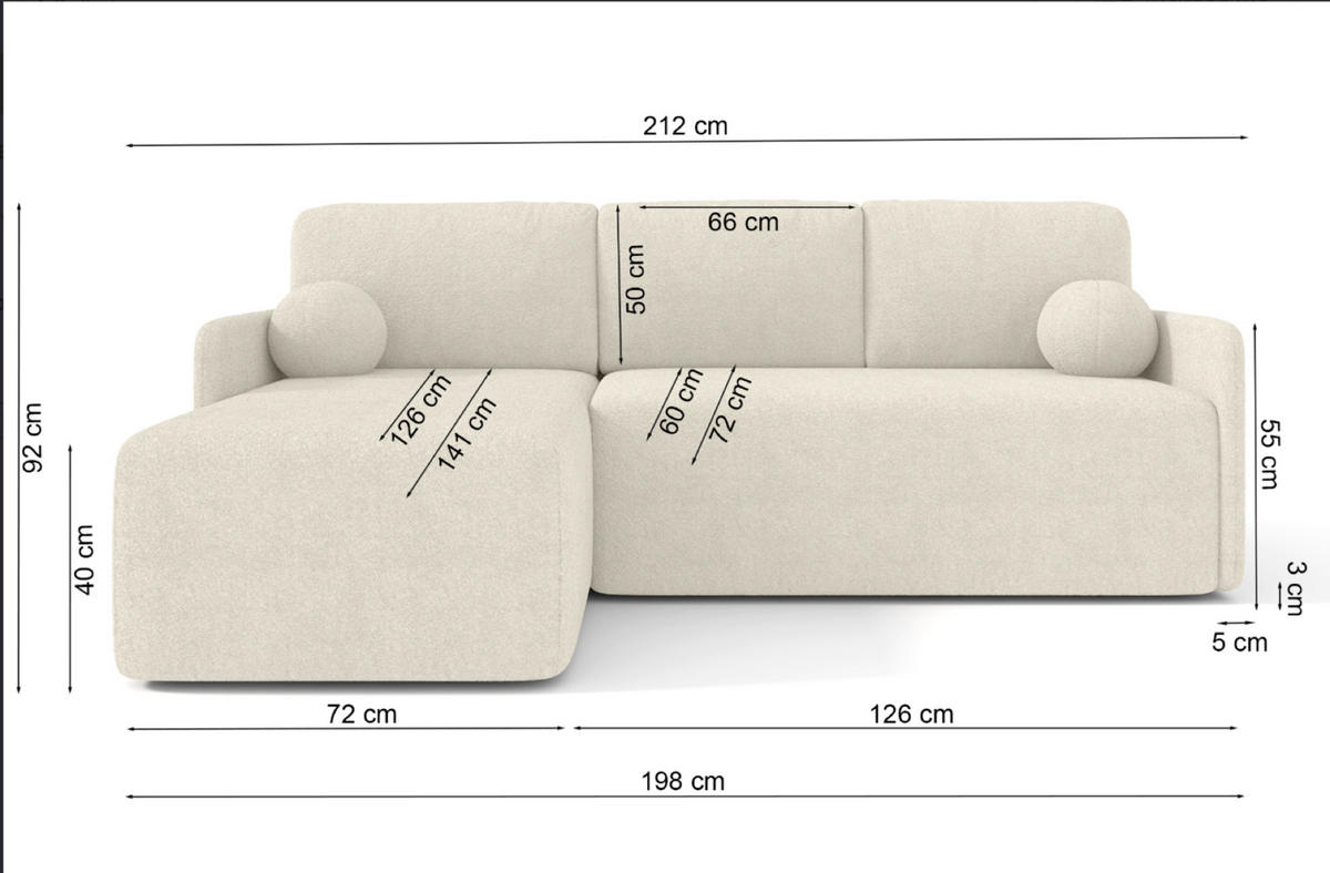 ECKSOFA Bloom Creme Bouclé - Creme, Textil (212/142cm) - Selsey