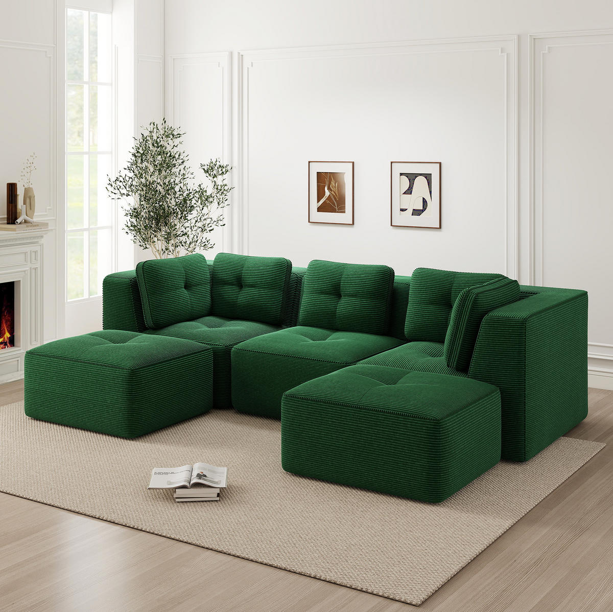 WOHNLANDSCHAFT Grün aus Cord mit 74 cm Sitztiefe und flexiblem Design - Grün, Textil (177/69/297cm) - Flora Grace