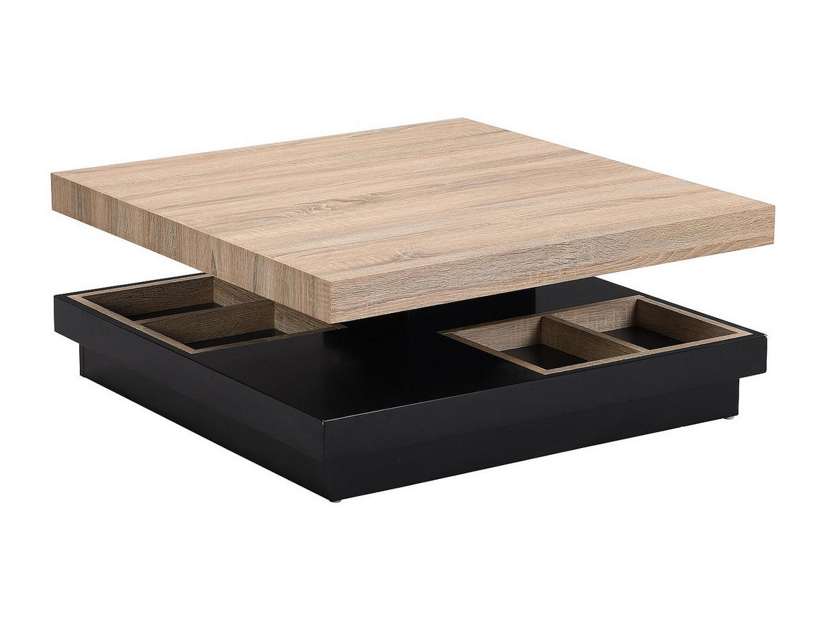 COUCHTISCH mit drehbarer Tischplatte - MDF - Schwarz lackiert & Naturfarben - FAUSTO - Schwarz, Holz (80/80/34cm) - Vente-Unique