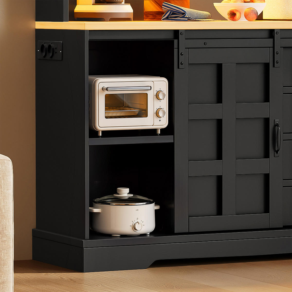 BUFFET 150 cm MDF Schwarz Scheunenstil mit RGB-LED und Weinregal - Schwarz, Holzwerkstoff (40/150/120cm) - Korfee