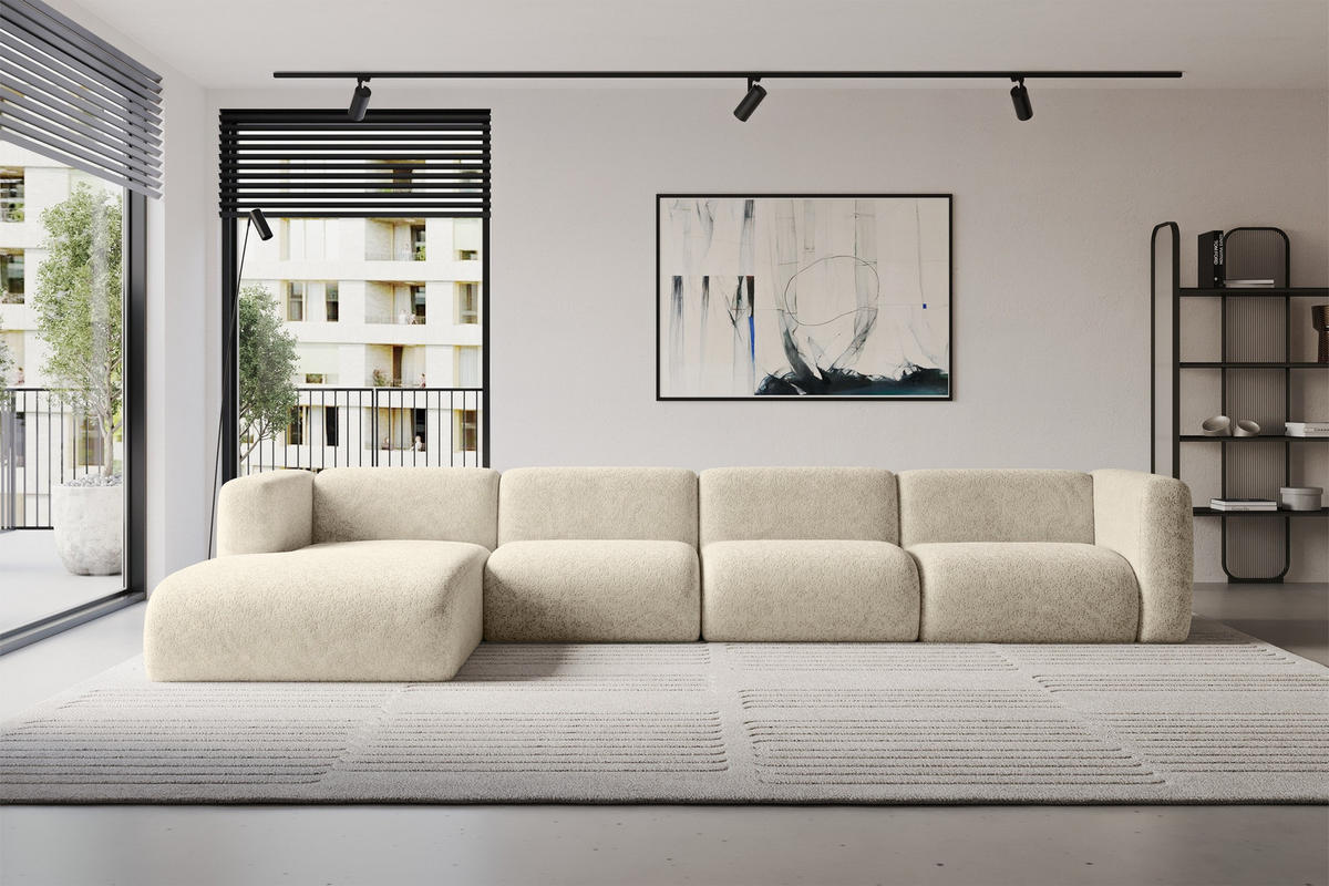 ECKSOFA Ottomane Links MIRA-L3 409x179x70 Creme Velours - Creme/Schwarz, Holzwerkstoff/Kunststoff (409/179cm) - ALTDECOR