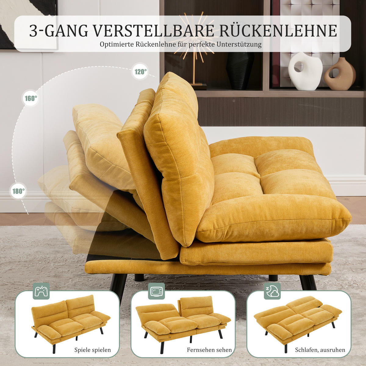 2-SITZER Schlafsofa Chenille mit verstellbarer Rückenlehne Senfgelb 165/90/76 cm - Gelb, Textil (90/76/165cm) - Redom