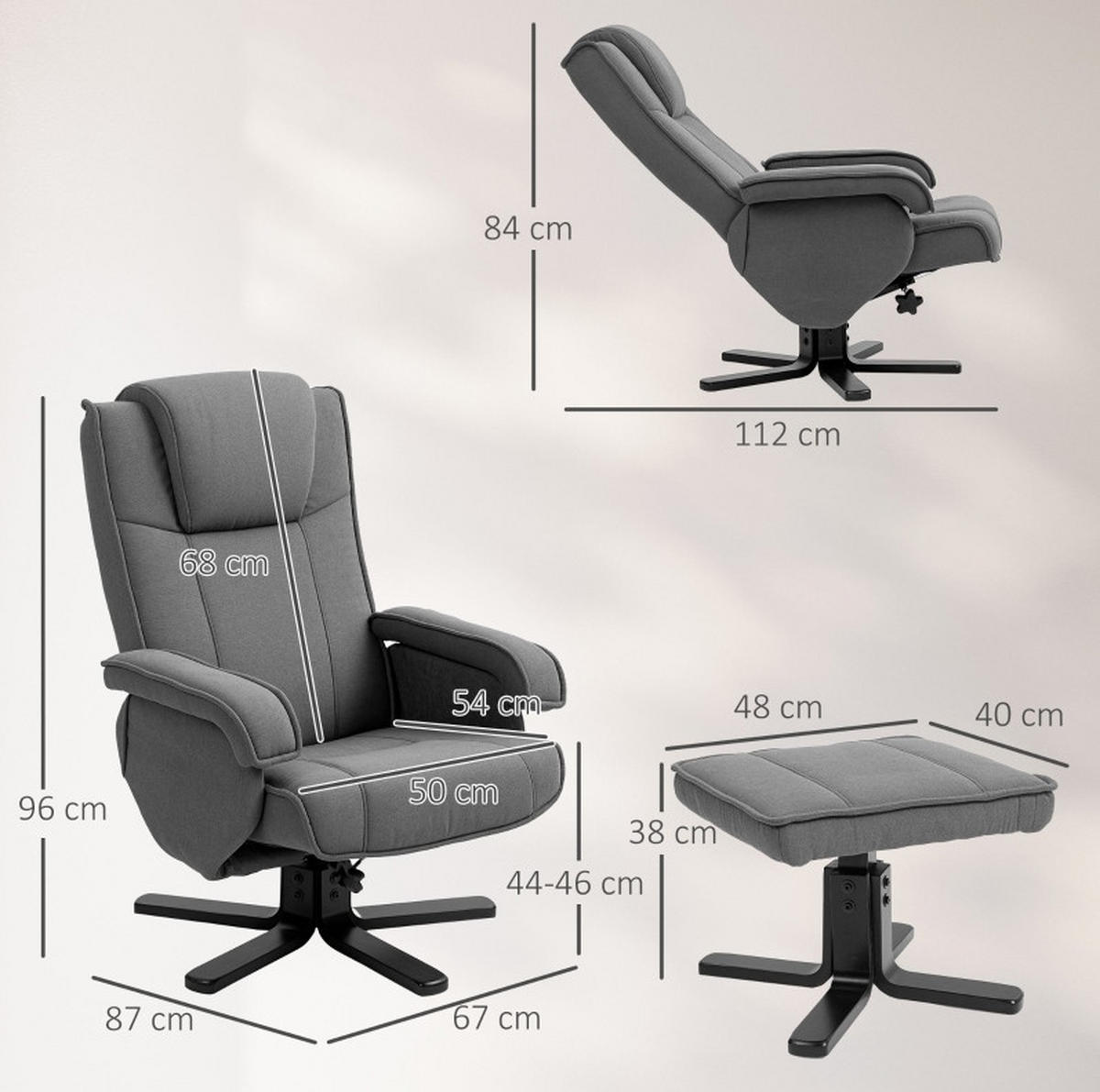 RELAXSESSEL Polyester mit Hocker 360° drehbar, 135° verstellbar 67/87/96 cm Dunkelgrau - Dunkelgrau, Textil (67/96/87cm) - Redom