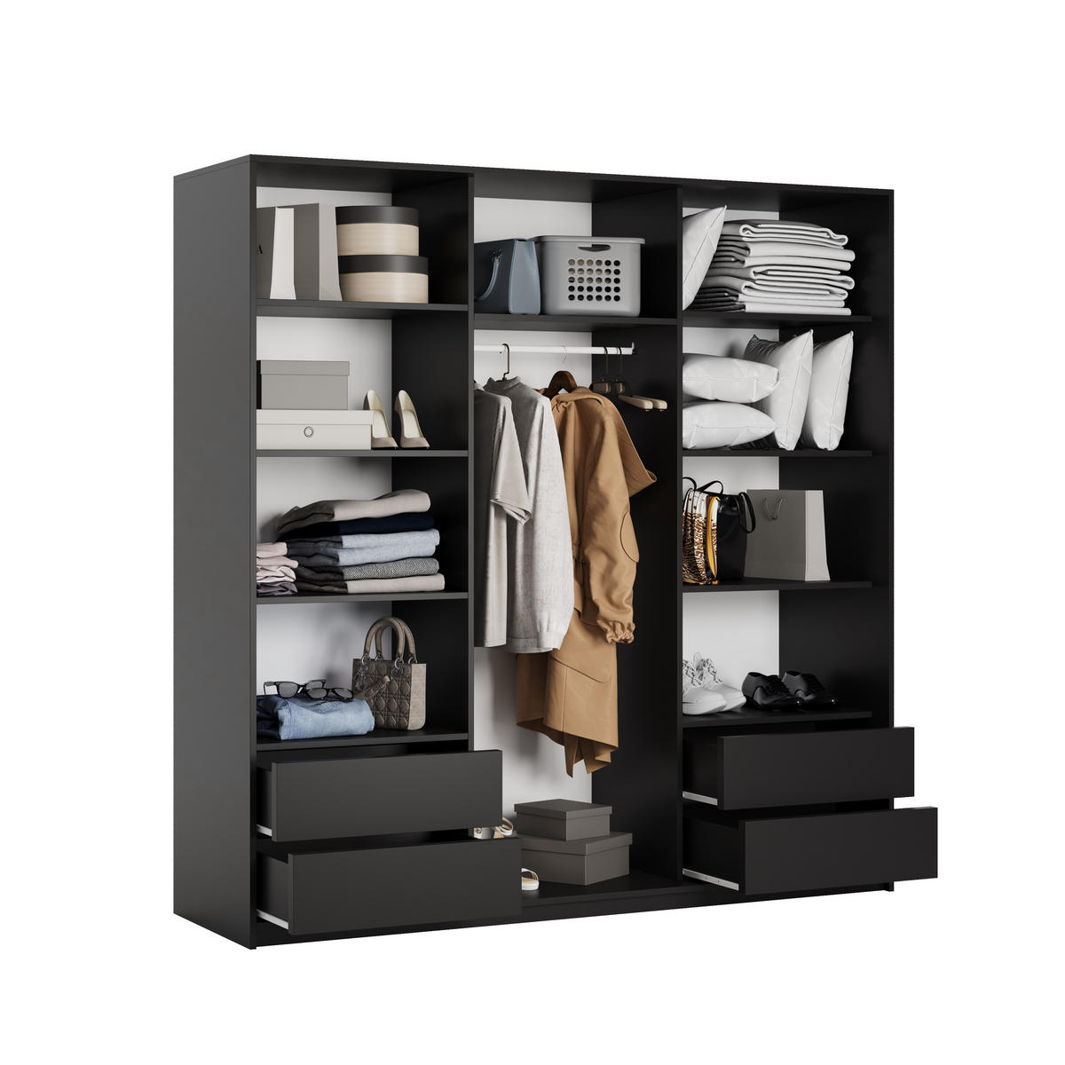 SCHWEBETÜRENSCHRANK VARO 200/205/60 cm 3-türig mit Spiegel Schwarz - Schwarz, Holzwerkstoff (200/205/60cm) - MASSENO