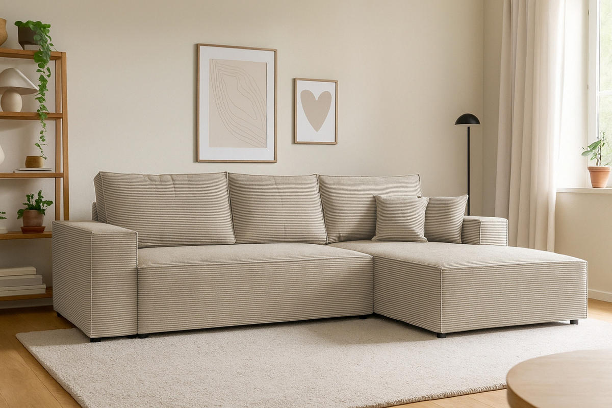ECKSOFA MARCO 294/185 in Cord Beige mit Schlaffunktion rechts - Beige, Holz/Holzwerkstoff (294/185cm) - Deine Möbel 24