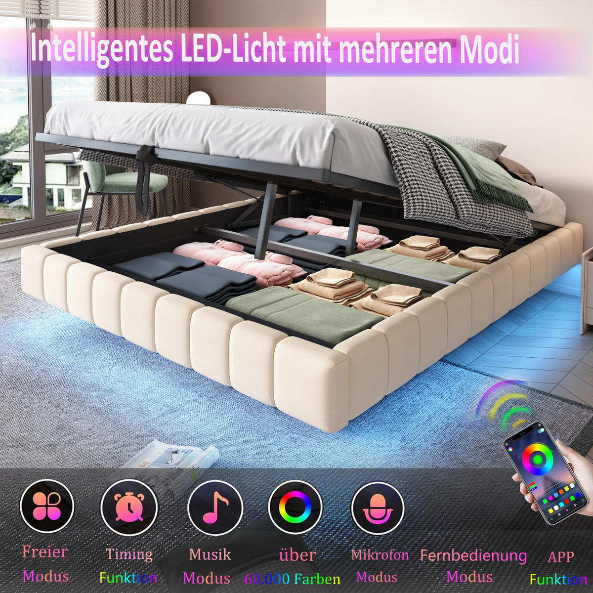 POLSTERBETT 140x200 cm mit Bettkasten, Doppelbett 140x200 cm mit LED, Stauraumbett mit Hydraulik, Beige Leinenstoff - Beige, Holz/Metall (140/200cm) - GENKI LIVING
