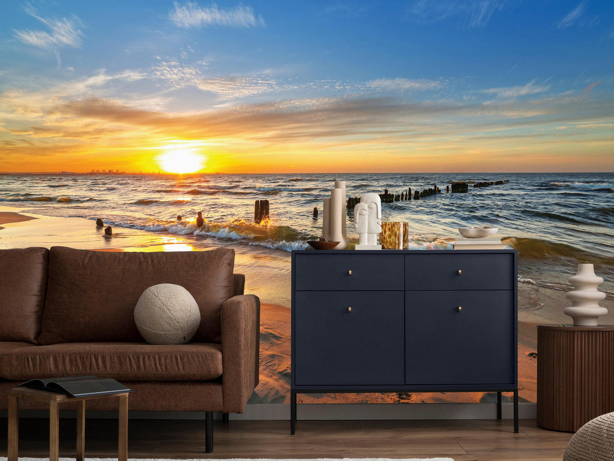 FOTOTAPETE Sonnenuntergang Strand Meer Landschaft 3D 500x350 cm - Blau/Gelb, Papier (500/350cm) - Muralo