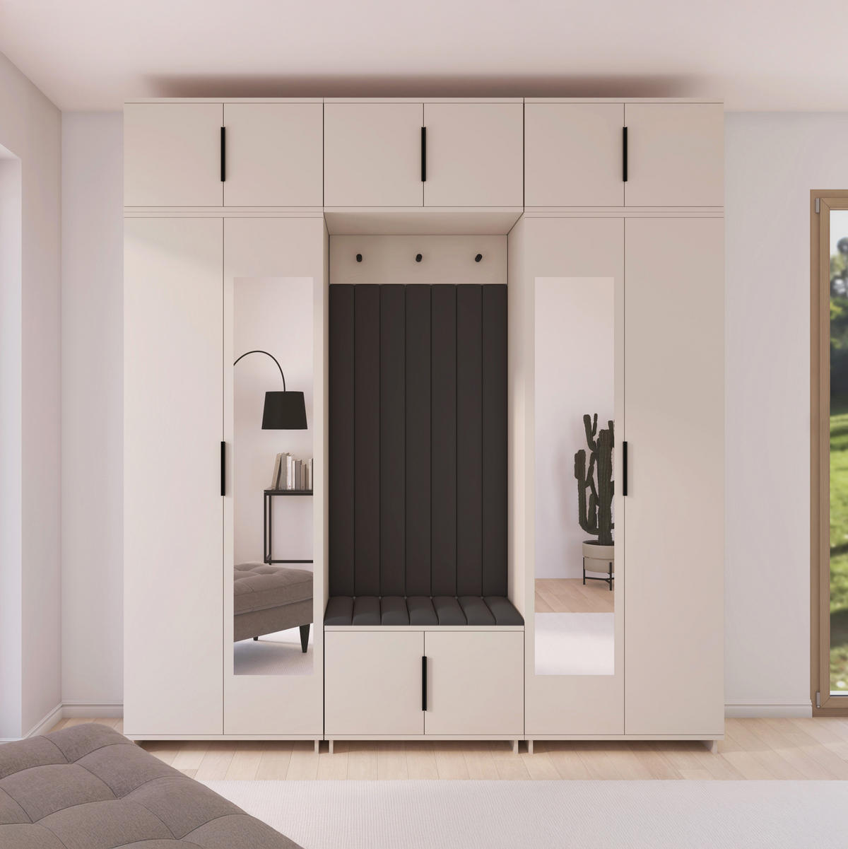 GARDEROBE Napoli version 12 mit Spiegel, mit POLSTERPANEELEN SCHWARZ - Beige/Schwarz, Holzwerkstoff (210/229/40cm) - Jerpax