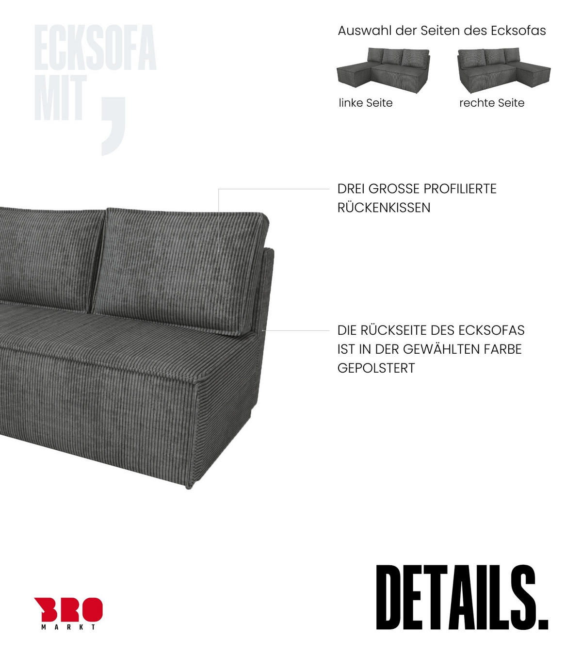 ECKSOFA Hector mit Schlaffunktion Grau Cord - Dunkelgrau, Textil (200/141cm) - Bromarkt