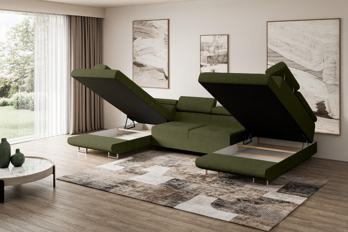 WOHNLANDSCHAFT mit Schlaffunktion und Bettkasten GUSA-U 342x202x107 cm Grün Bouclé - Silberfarben/Grün, Holzwerkstoff/Textil (342/107/202cm) - ALTDECOR