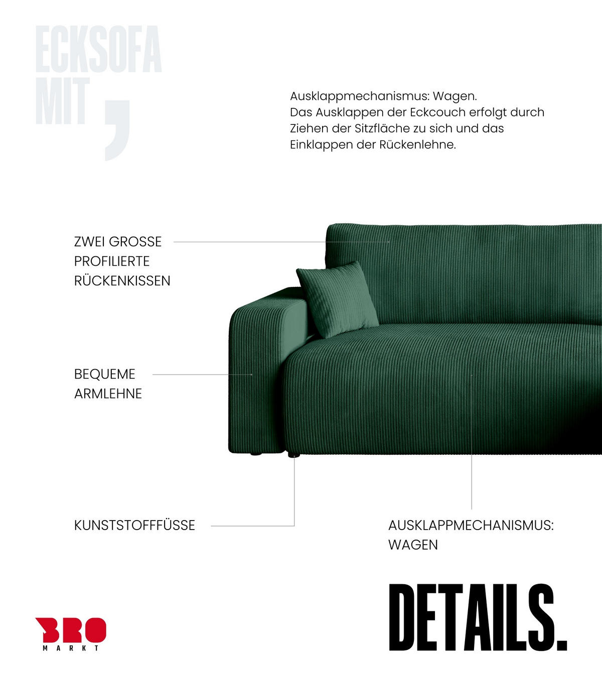 ECKSOFA PUMI XL mit Schlaffunktion Dunkelgrün Cord - Dunkelgrün, Textil (274/148cm) - Bromarkt