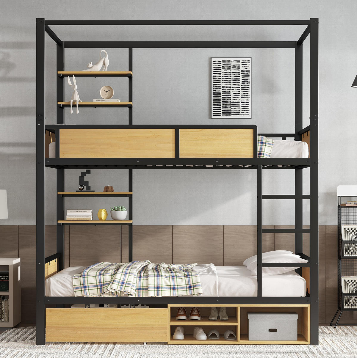 ETAGENBETT aus Eisen und MDF 90x200 cm Schwarz/Natur mit Schubladen und Ablageflächen - Schwarz, Holzwerkstoff (90/200cm) - IVMEU