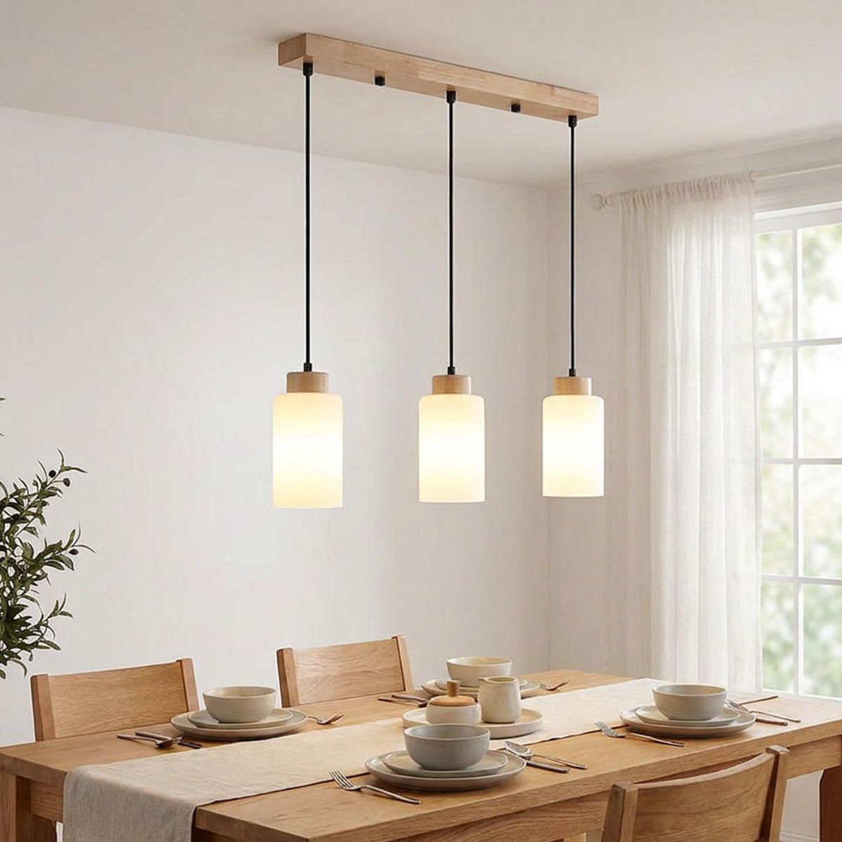 PENDELLEUCHTE Holz braun, 3-flammig, Glas opal - Braun, Holz (60/10/120cm) - Globo Lighting