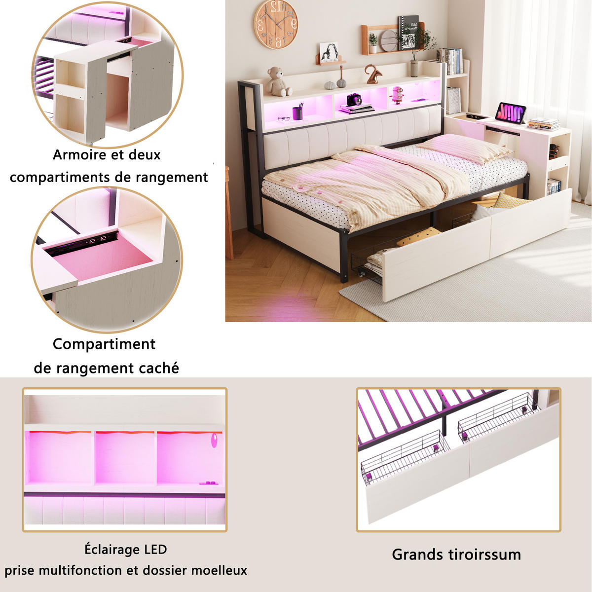 ČALOUNĚNÁ POSTEL 90x200cm LED Zásuvky Úložná Bílá - bílá, kov (90/200cm) - FLIEKS