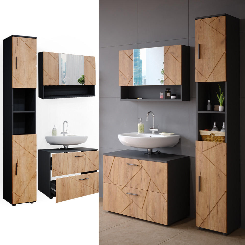 BADMÖBEL-SET Irma Goldkraft Eiche/Anthrazit 3 Teile mit Spiegelschrank 80 cm - Anthrazit/Eiche Wotan, Holzwerkstoff (80/58.6/41cm) - Vicco