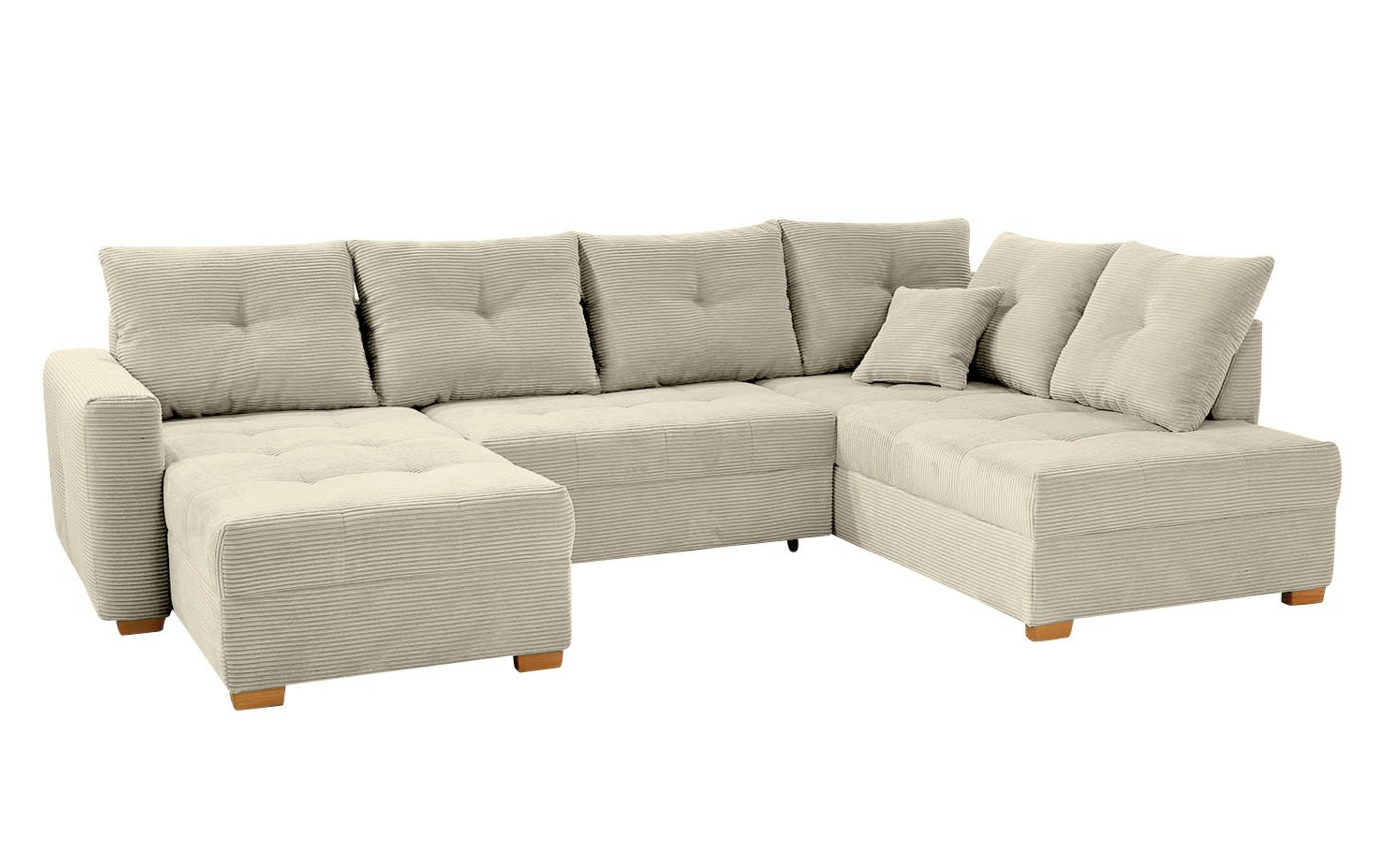 WOHNLANDSCHAFT mit Schlaffunktion und Bettkasten, spiegelverkehrt montierbar U-Form B313/T200/H92 cm, Cord Beige Grau / 15218 - Greige/Eichefarben, Holz/Textil (313/92/200cm) - luma-home