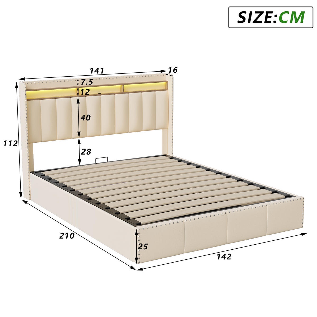 POLSTERBETT 140x200 cm, Beige, Boxspringbett mit Stauraum, 2 USB, LED - Beige, Textil/Metall (140/200cm)
