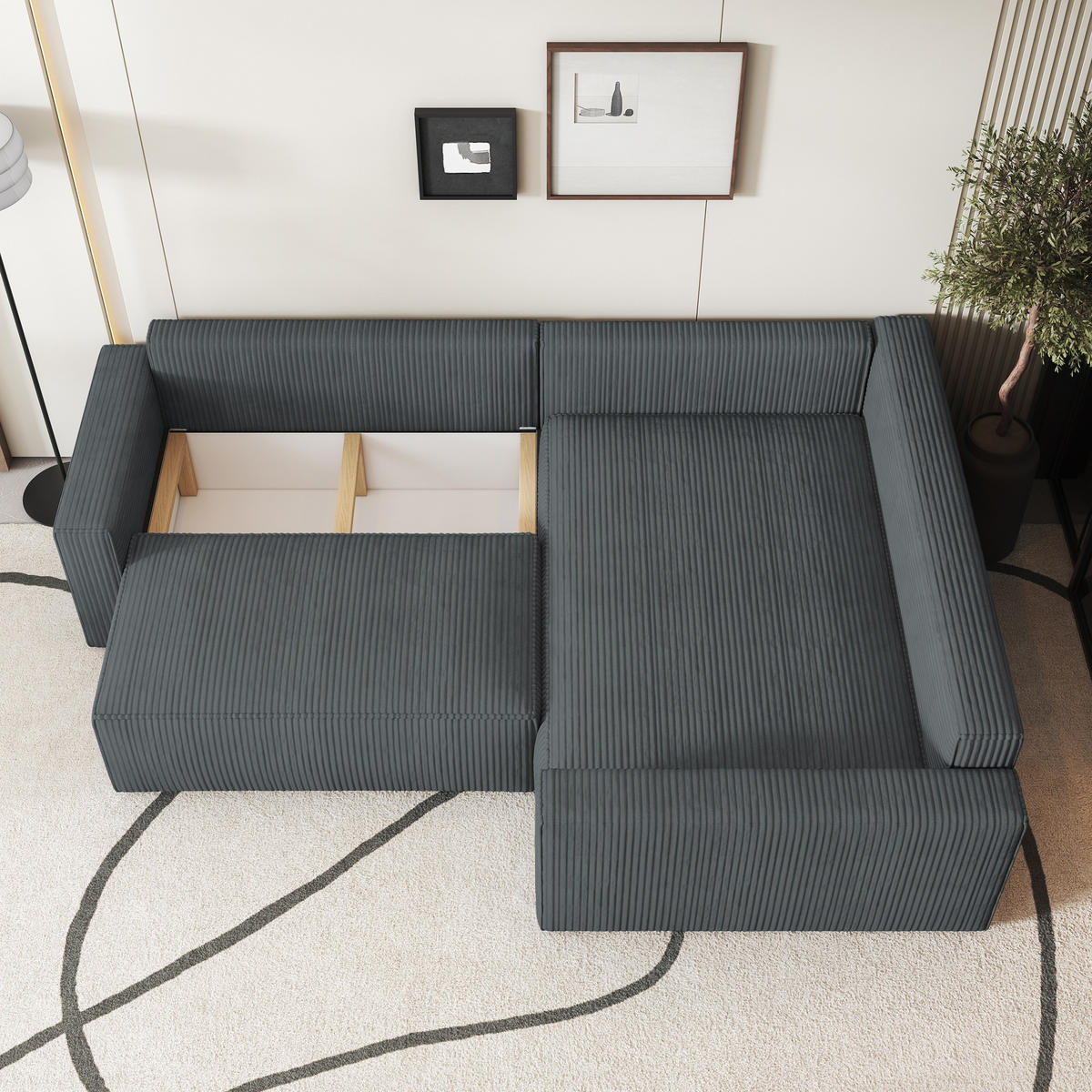 ECKSOFA ERONIS R-S Grau Kordstoff mit Schlaffunktion - Grau, Holz (265/194cm) - MASSENO