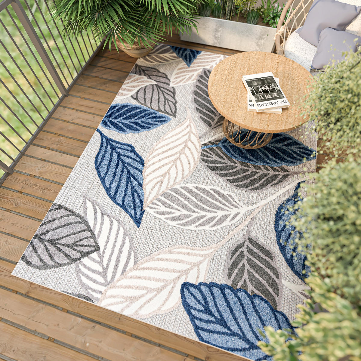 TEPPICH Outdoor Blue Grey Pflanzlich Laub Kurzflor Rechteckig- 120x170 cm - Dunkelgrau, Textil (120/170cm) - Mazovia