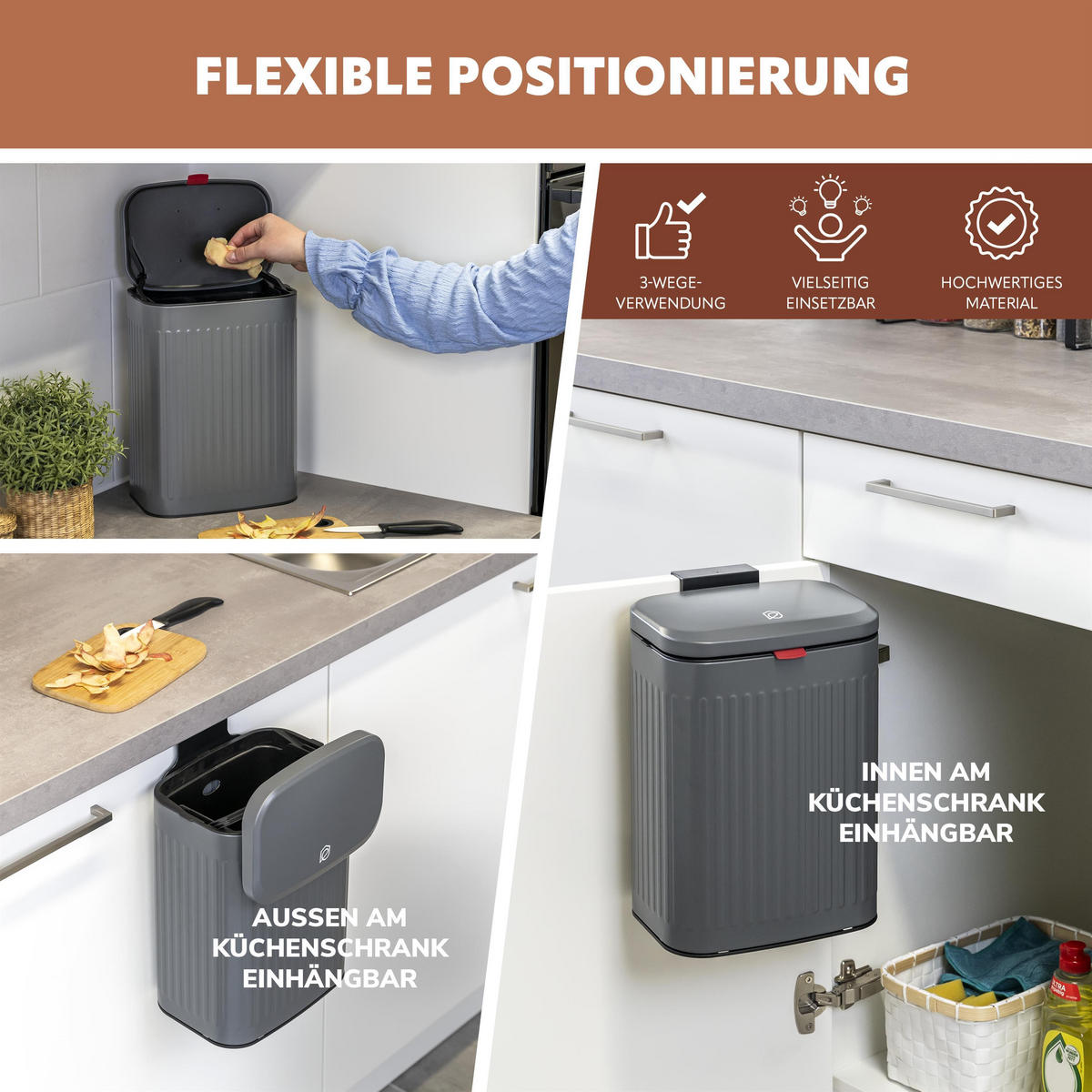 ABFALLEIMER 6 Liter, grau - Grau, Metall (22.5/31/16.5cm) - eluno