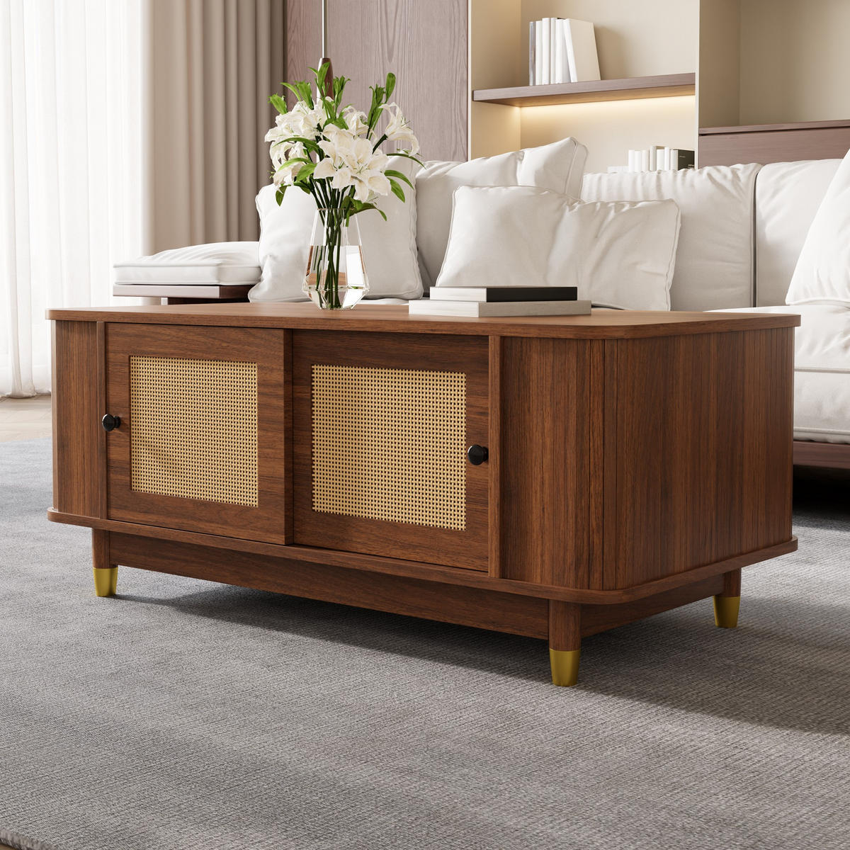 COUCHTISCH Rattan Schiebetüren abgerundet Stauraum modern - Walnussfarben, Holzwerkstoff (100/50/42cm) - FLIEKS