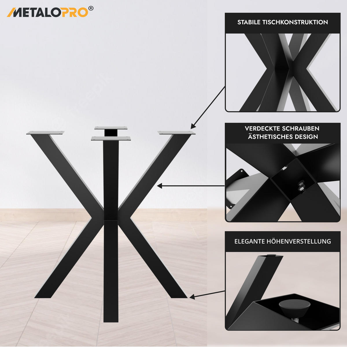 TISCHBEINE Acamar Metall Schwarz 160/70/72 cm - Schwarz, Metall (70/72/160cm) - Metalo Pro