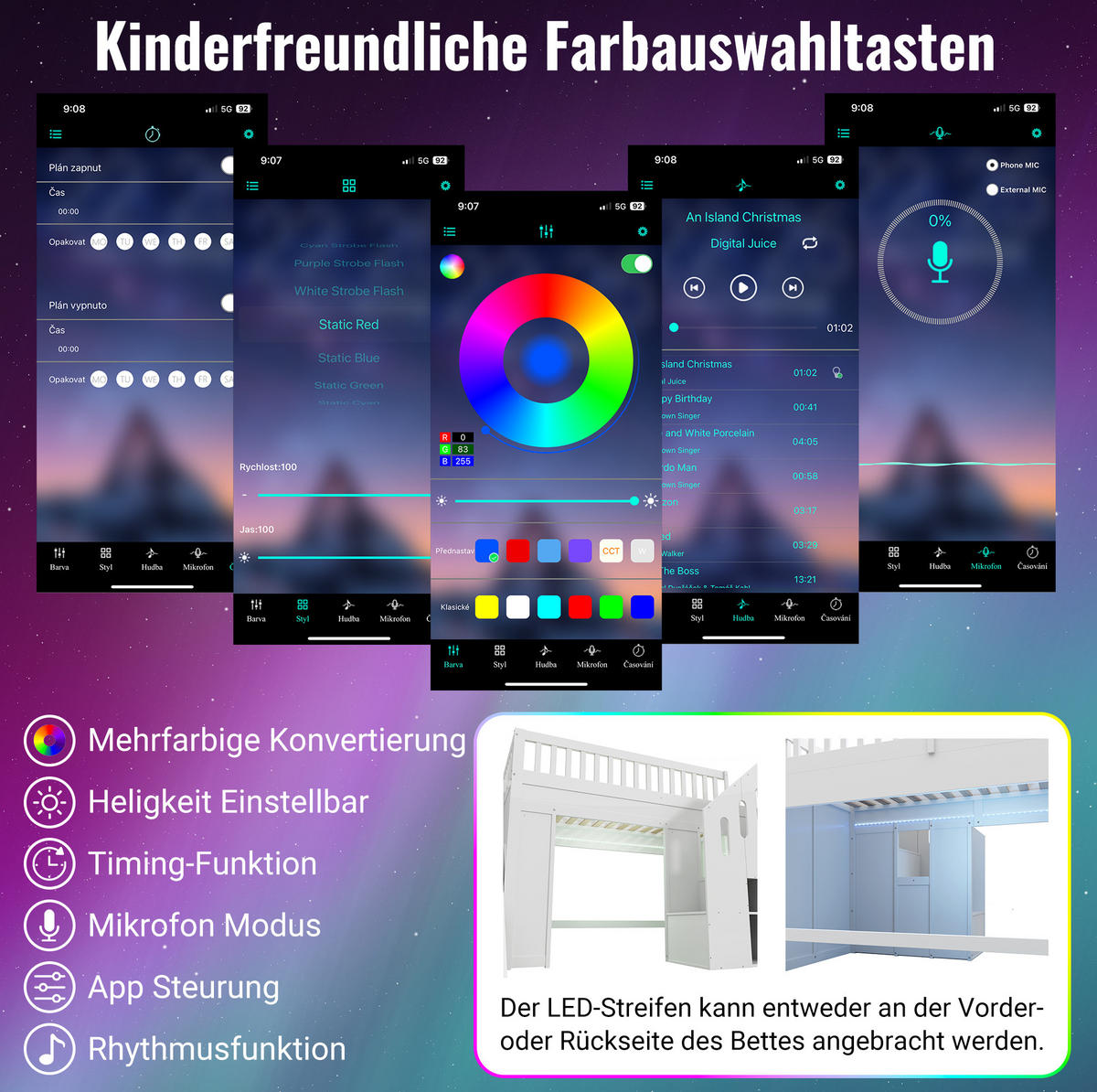 ETAGENBETT 90/200 cm in Weiß mit Rutsche, Stauraumtreppe und LED-Beleuchtung - Weiß, Holzwerkstoff (90/200cm) - OKMYHOME