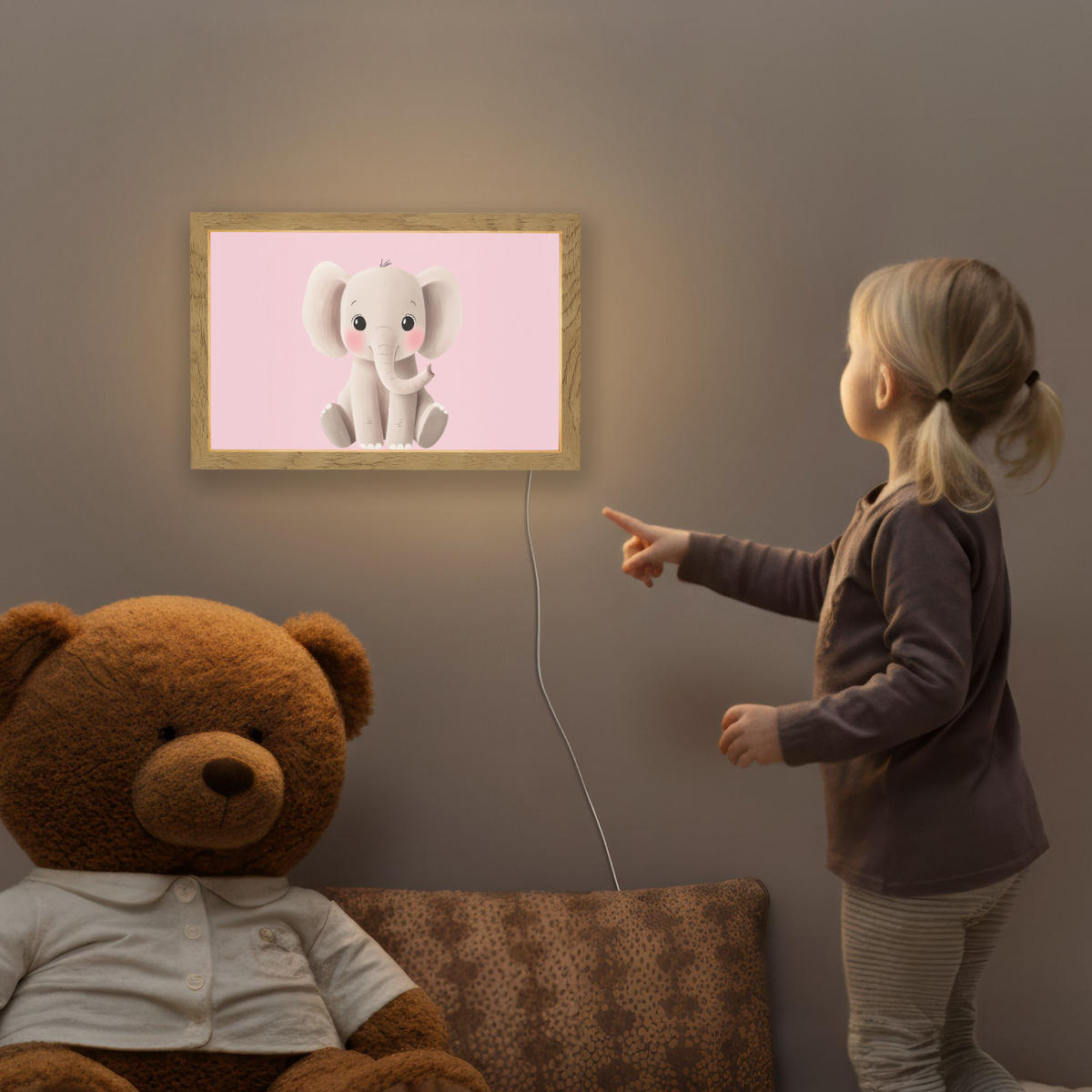 NACHTTISCHLAMPE Elefant - Baby - Rosa - Cartoon 30x20 cm - Rosa, Holzwerkstoff (8/30/20cm)