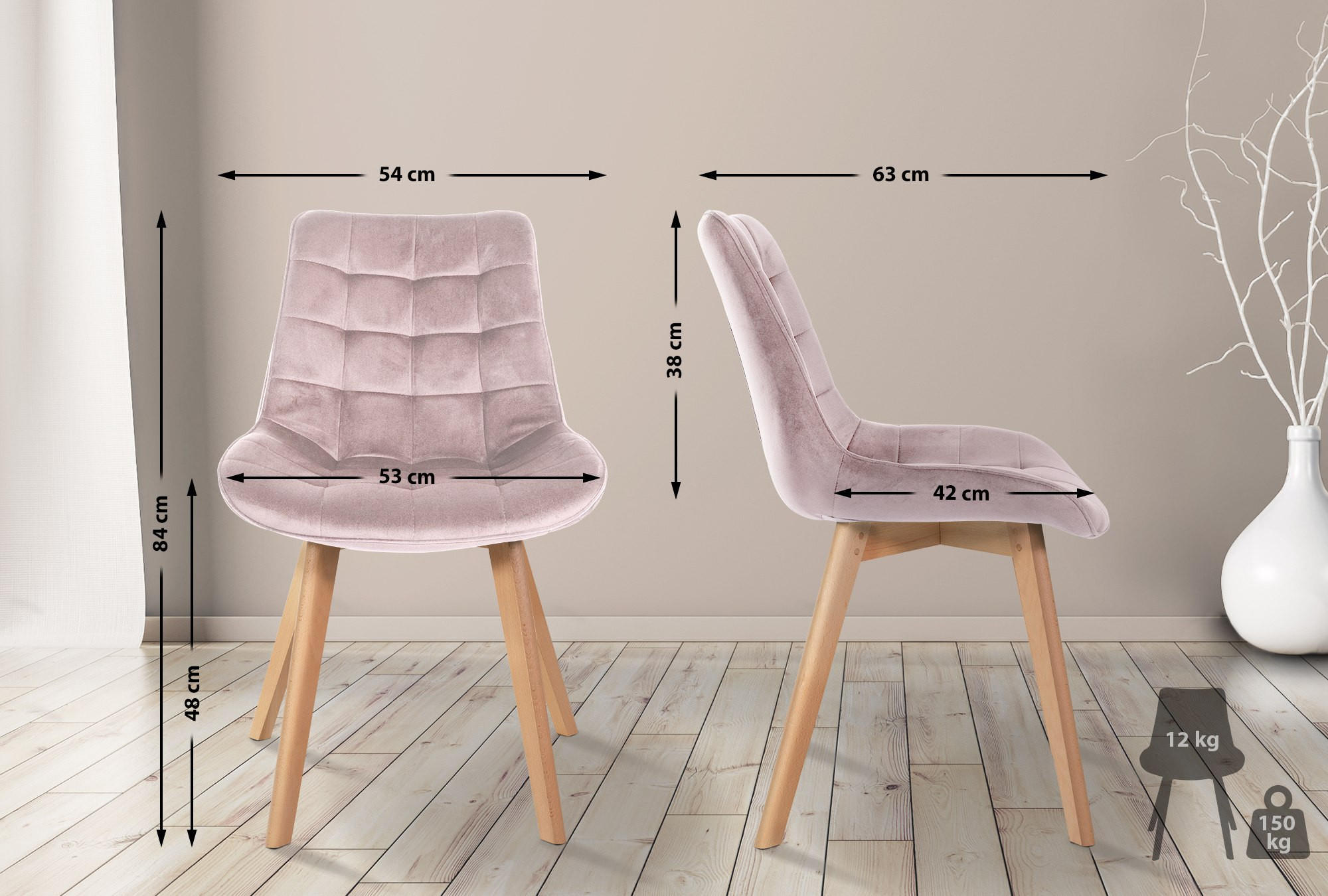 STUHL Samt pink - Pink/Eukalyptusholzfarben, Holz/Textil (54/84/63cm) - CLP