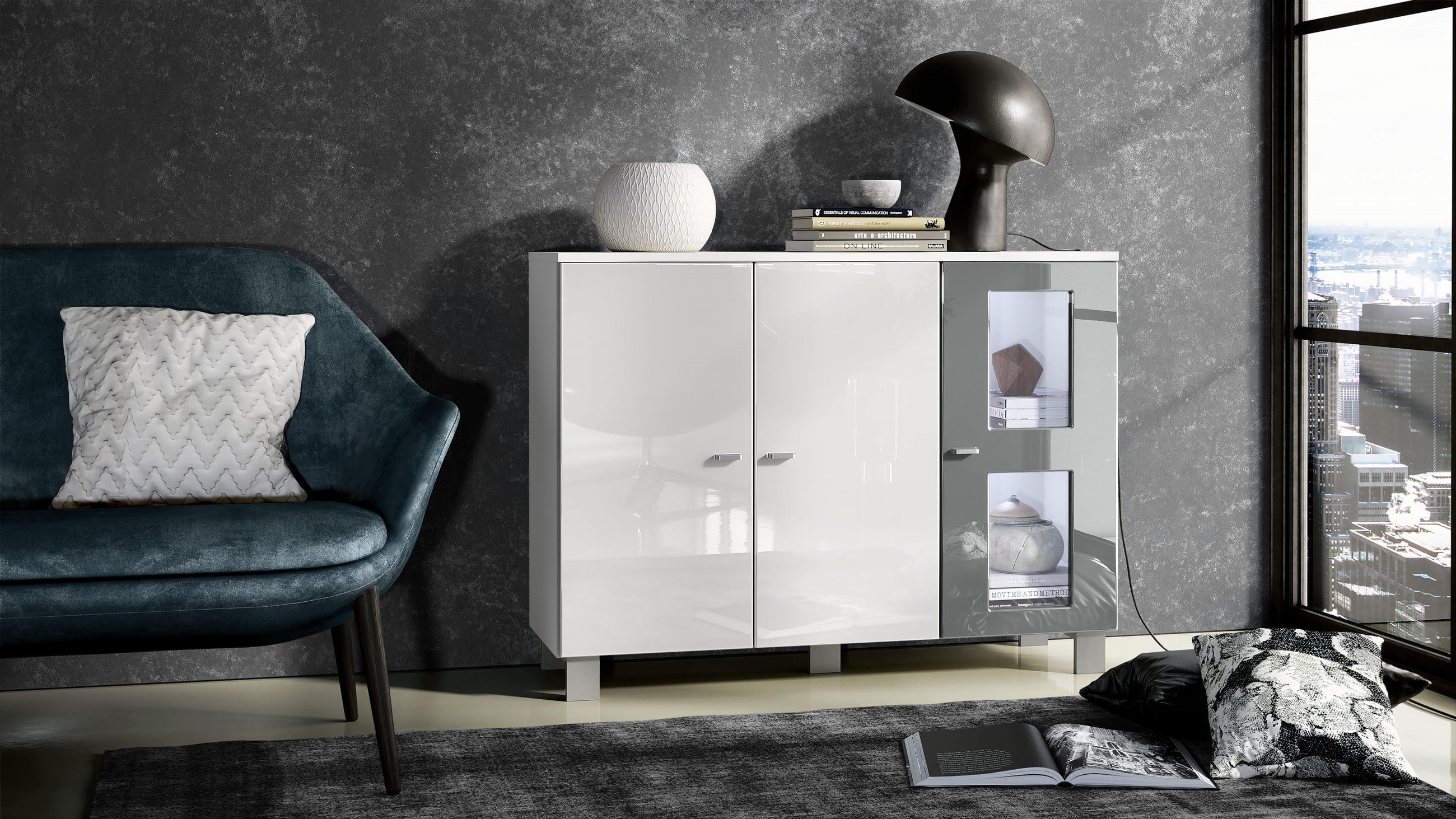 SIDEBOARD Denjo Tür in Grau Hochglanz - Grau, Holzwerkstoff (107/81/35cm) - Vladon
