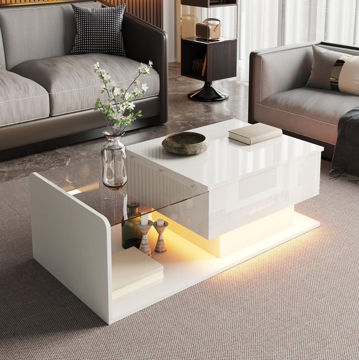 COUCHTISCH 100/50/47,5 cm höhenverstellbar mit LED-Beleuchtung, Glasplatte und Stauraum, Weiß - Weiß, Holzwerkstoff (100/50/47.5cm) - Redom