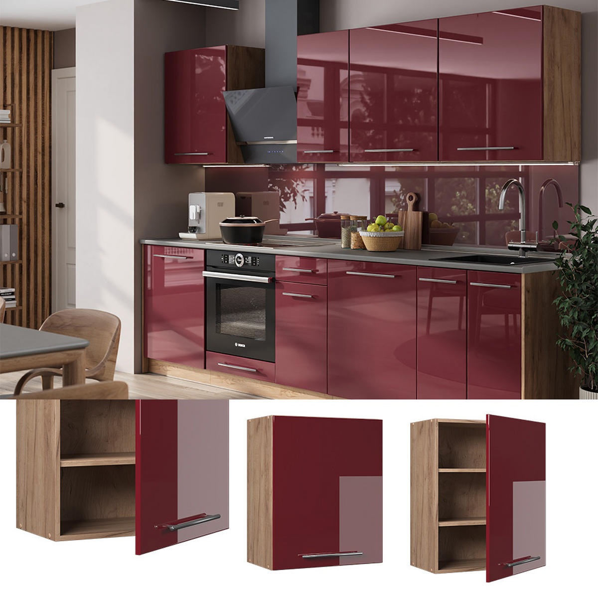 STENSKA OMARICA Fame-Line, Bordo rdeča barva visokega sijaja, 60 cm - barve hrasta/bordo, leseni material (60/72/34.1cm) - Vicco