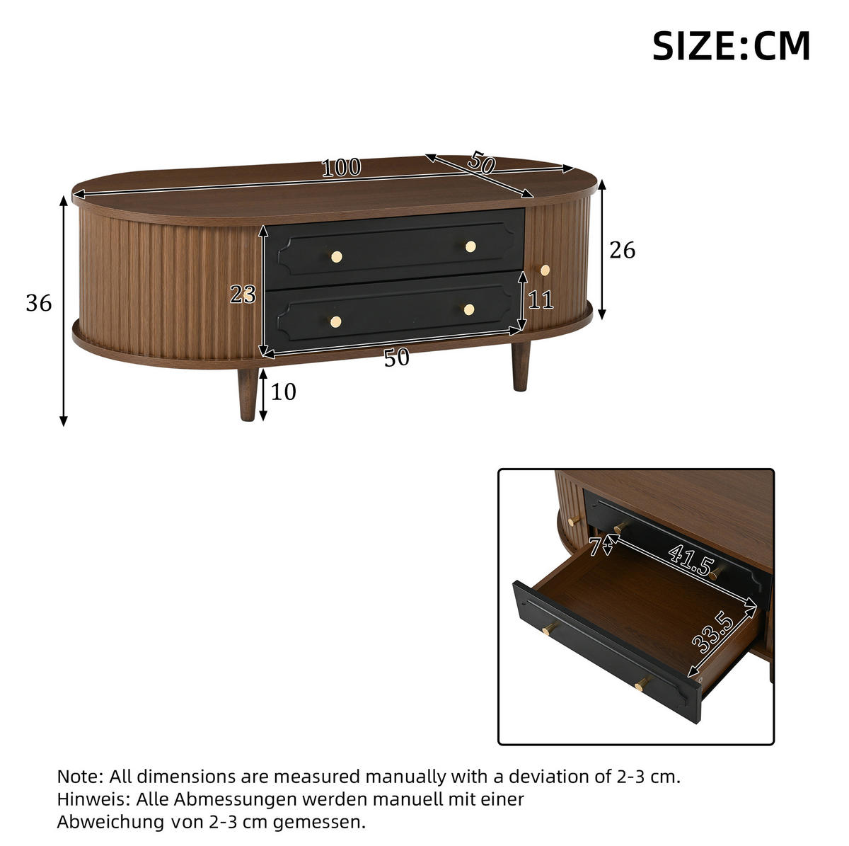 COUCHTISCH 100/50/36 cm in Walnussoptik mit 2 Schubladen und Rolltüren - Walnussfarben, Holzwerkstoff (100/50/36cm) - Flora Grace