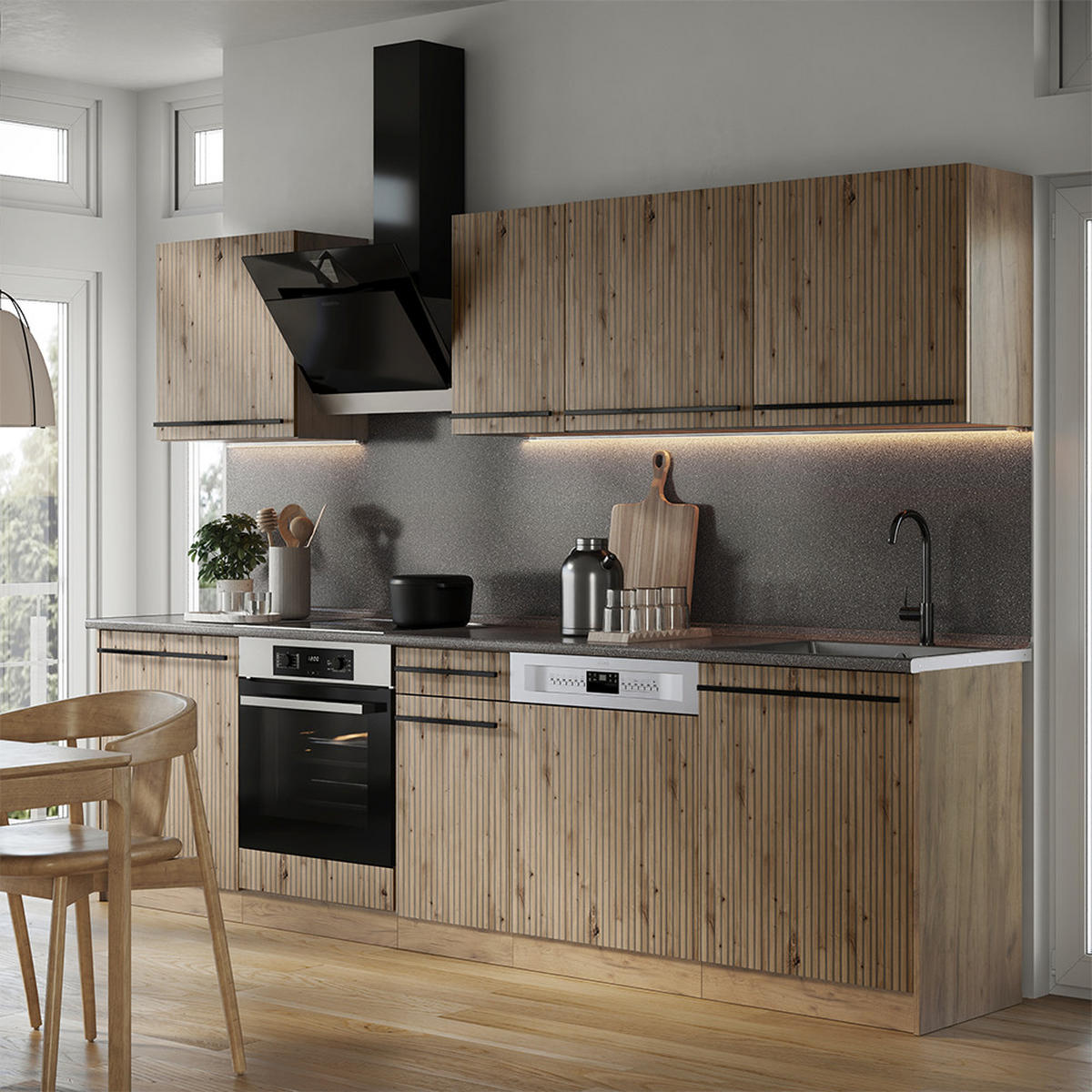 KÜCHENZEILE R-Line, Artisan-Eiche/Goldkraft Eiche, 280 cm Arbeitsplatte Goldkraft Eiche - Honigeiche/Eiche Artisan, Holzwerkstoff (280/206.8/60cm) - Vicco