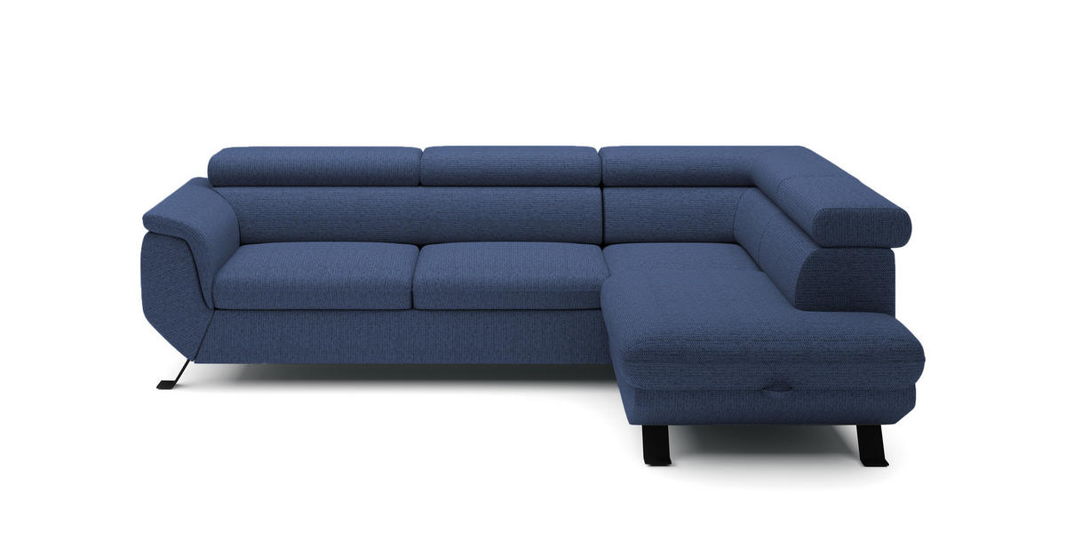ECKSOFA Raven L mit Schlaffunktion und Bettkasten, Freistehend, Polstersofa mit Verstellbaren Kopfstützen, 257x198x96 cm – Rechte, Blau - Blau, Holz/Textil (256/198cm) - DomoHome