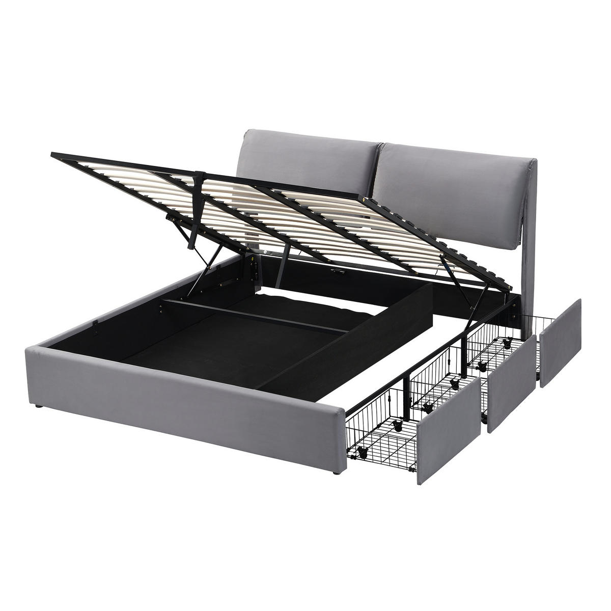 POLSTERBETT 160x200cm Grau Mit Hydraulik & 3 Schubladen - Grau, Textil - FLIEKS