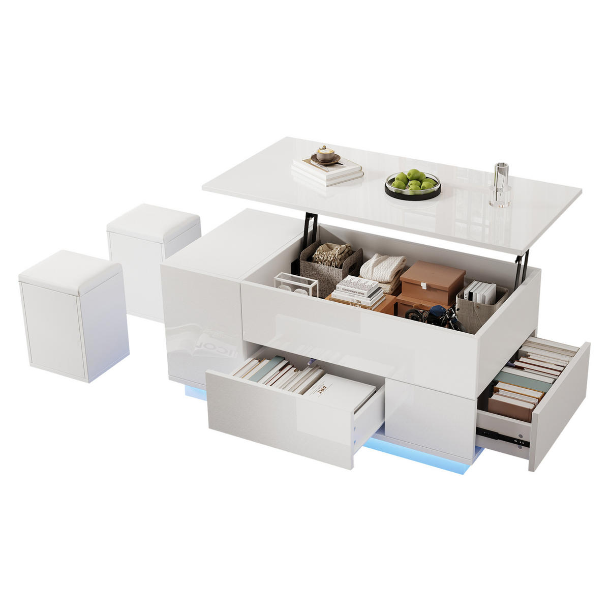COUCHTISCH 100/50/45 cm mit LED-Beleuchtung und höhenverstellbarer Tischplatte, Weiß - Weiß, Holzwerkstoff (100/50/45cm) - Flora Grace