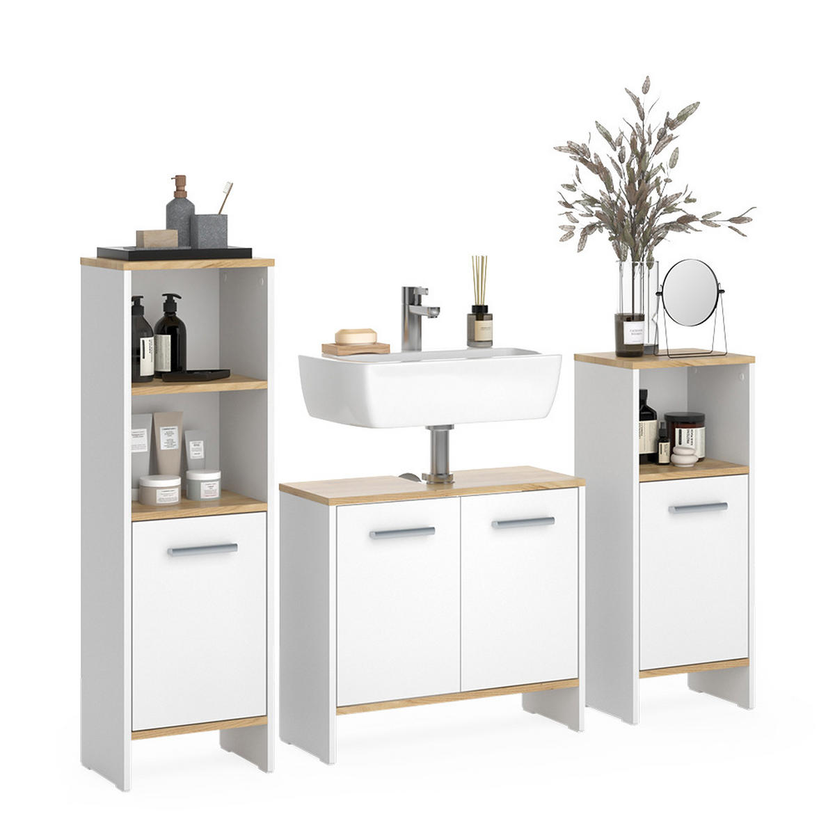 BADMÖBEL-SET Karli Weiß/Goldkraft Eiche 3-teilig - Eiche Wotan/Weiß, Holzwerkstoff (131.4/108.2/26.3cm) - Vicco