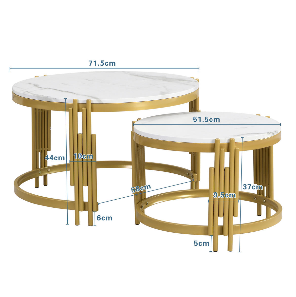 COUCHTISCH aus MDF & Metall 71,5x71,5x44 & 51,5x51,5x37 cm in Weiß/Messing - Weiß, Holzwerkstoff (71.5/71.5/44cm) - Modfu