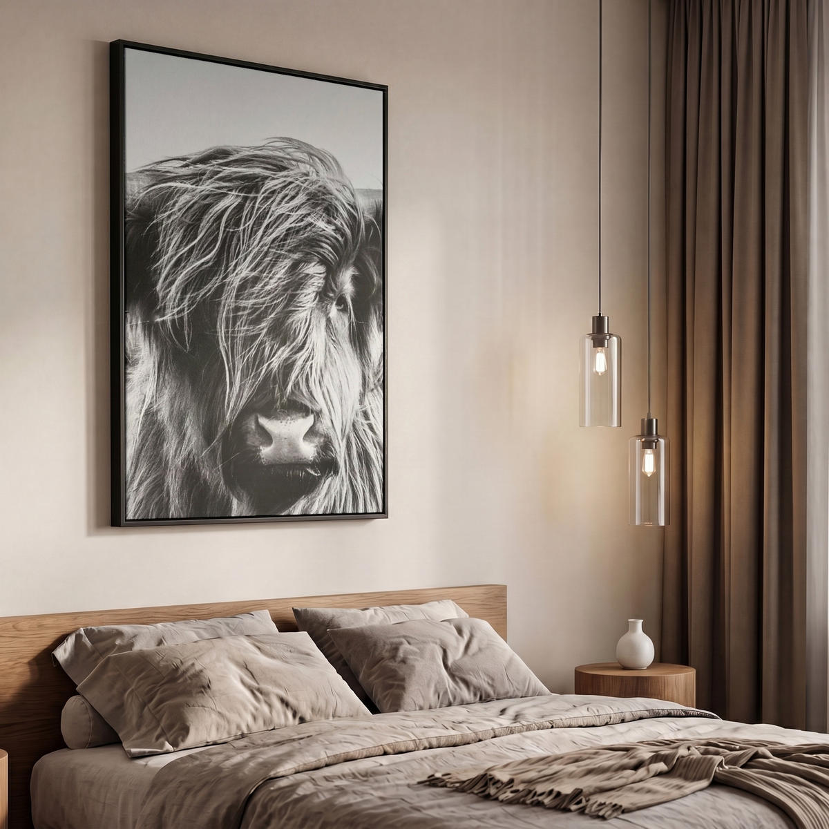 LEINWAND Bilder mit Rahmen - Kuh - Schottischer Hochländer - Schwarz - Weiß - Tier - Natur - Wildtiere - 60x90 - Schwarz, Textil (60/90cm) - MuchoWow