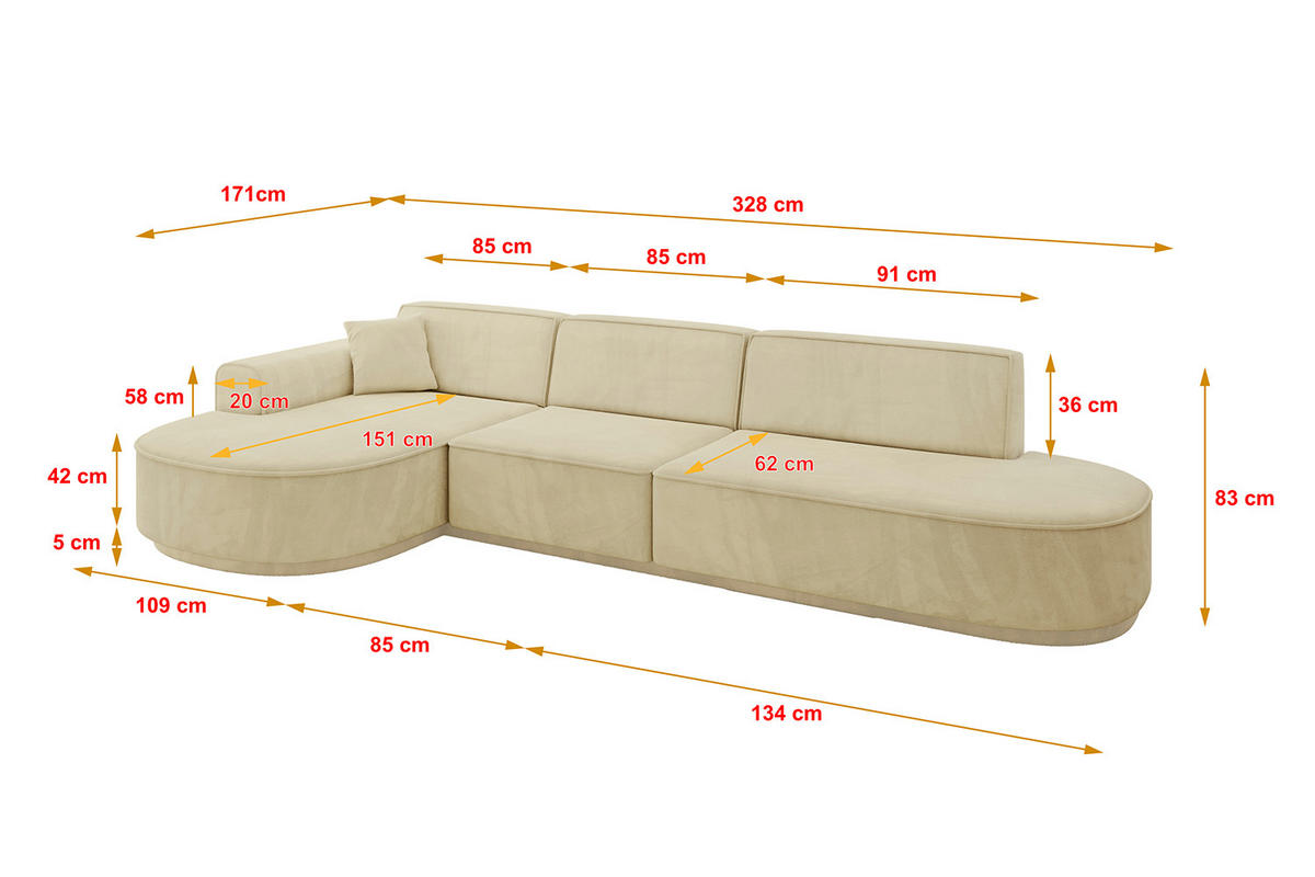 ECKSOFA Ottomane Links MARI-L2-v3 - 328x171x83 cm Beige Velours - Beige/Schwarz, Holzwerkstoff/Kunststoff (328/171cm) - ALTDECOR