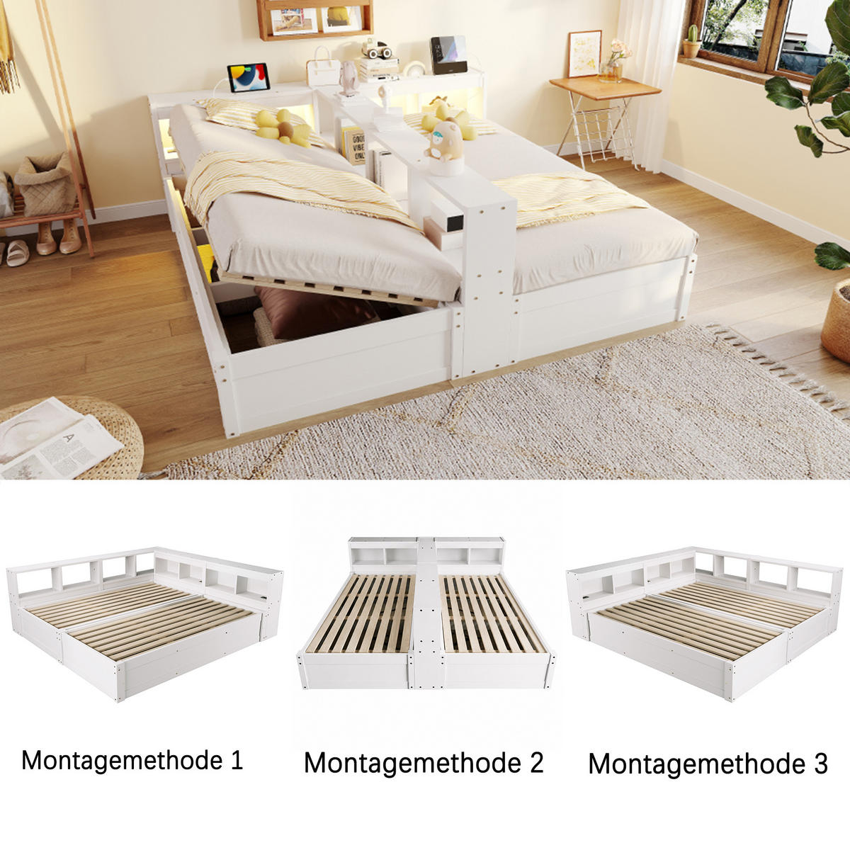 SCHLAFSOFA 90x200cm LED Stauraum Steckdose Holzbett Weiß - Weiß, Holzwerkstoff (180/200cm) - FLIEKS