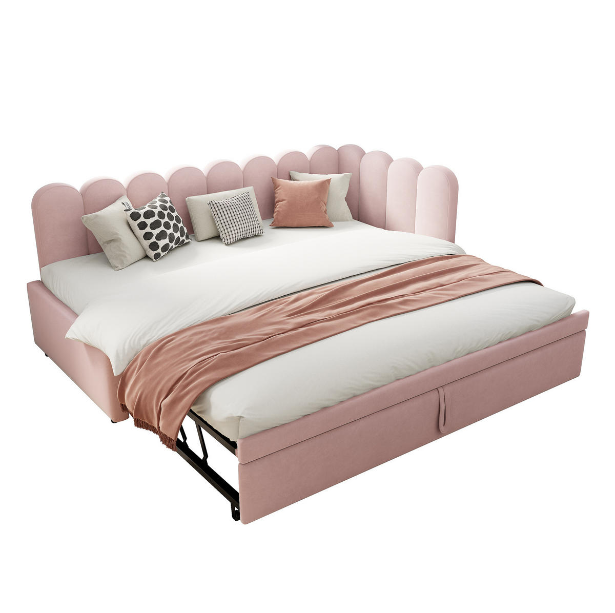 POLSTERBETT 90/200 cm mit Ausziehbett, L-Form und Samtbezug, Rosa - Rosa, Textil (90/200cm) - Redom
