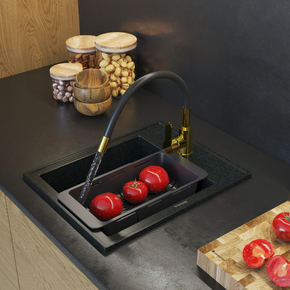 GRANITSPÜLE Nero mit Batterie und Siphon - Goldfarben/Schwarz, Kunststoff/Stein (50/20/40cm) - Granitan
