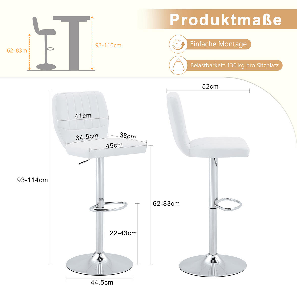 BARHOCKER Weiß 2er-Set Höhenverstellbar Drehbar 360° mit Rückenlehne & Fußstütze - Weiß, Metall (52/93/45cm) - PANGIVO