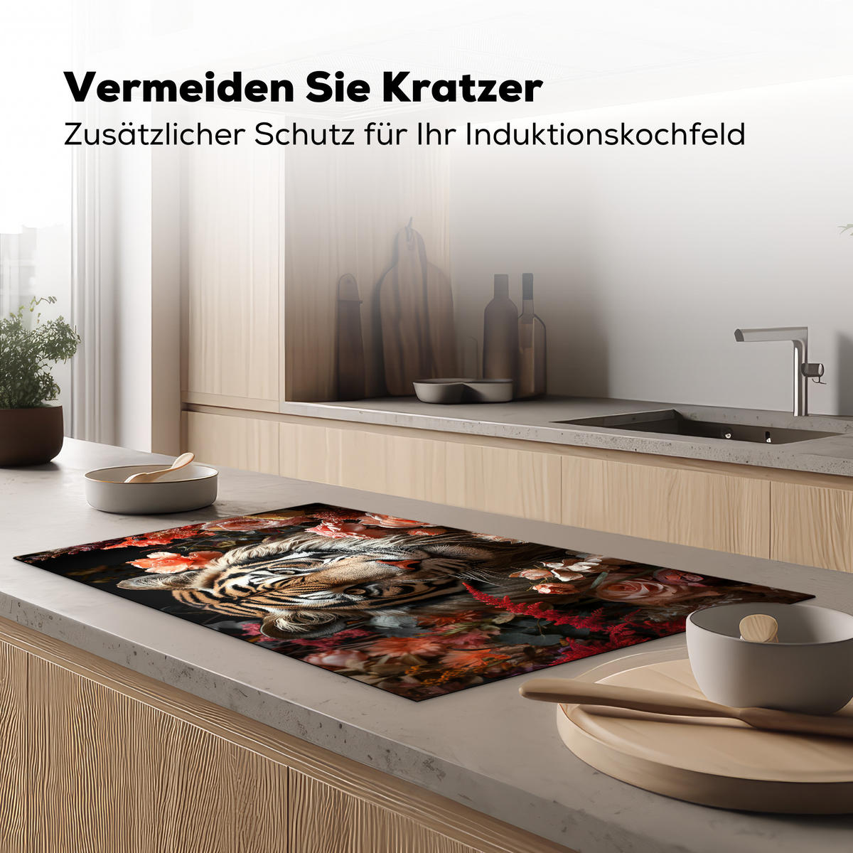 HERDABDECKPLATTE Tiger - Tier - Natur - Floral - Botanisch Induktionsschutz 91.6x52.7 cm - Orange, Kunststoff (91.6/52.7/0.2cm) - MuchoWow