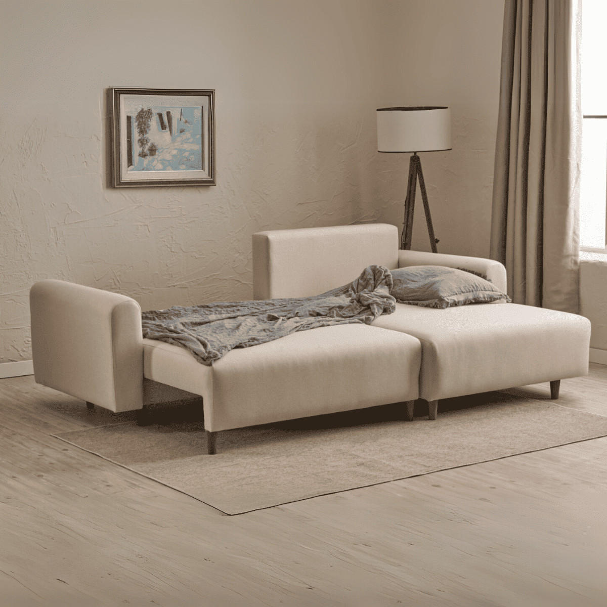 ECKSOFA mit Schlaffunktion und rechtsseitiger Récamiere aus Stoff - mane 246/160/85 cm - Creme, Holz (160/246cm) - Calicosy