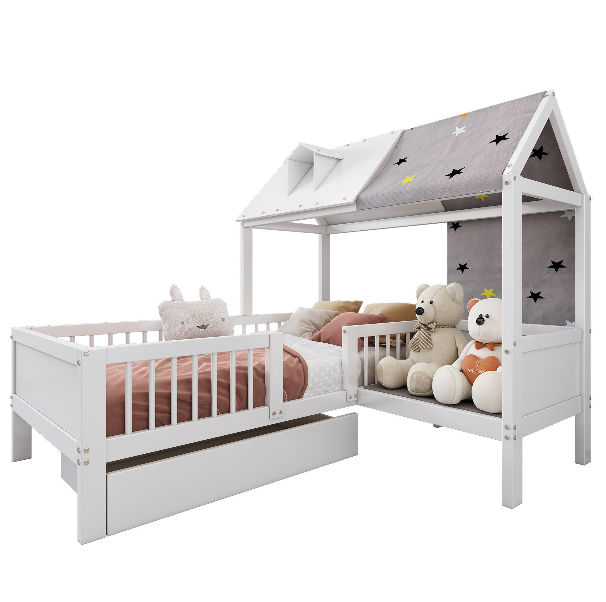 EINZELBETT Hausförmiges 90/200 cm Weiß mit Stauraum und kreativem Design - Weiß, Holzwerkstoff (90/200cm) - OKWISH