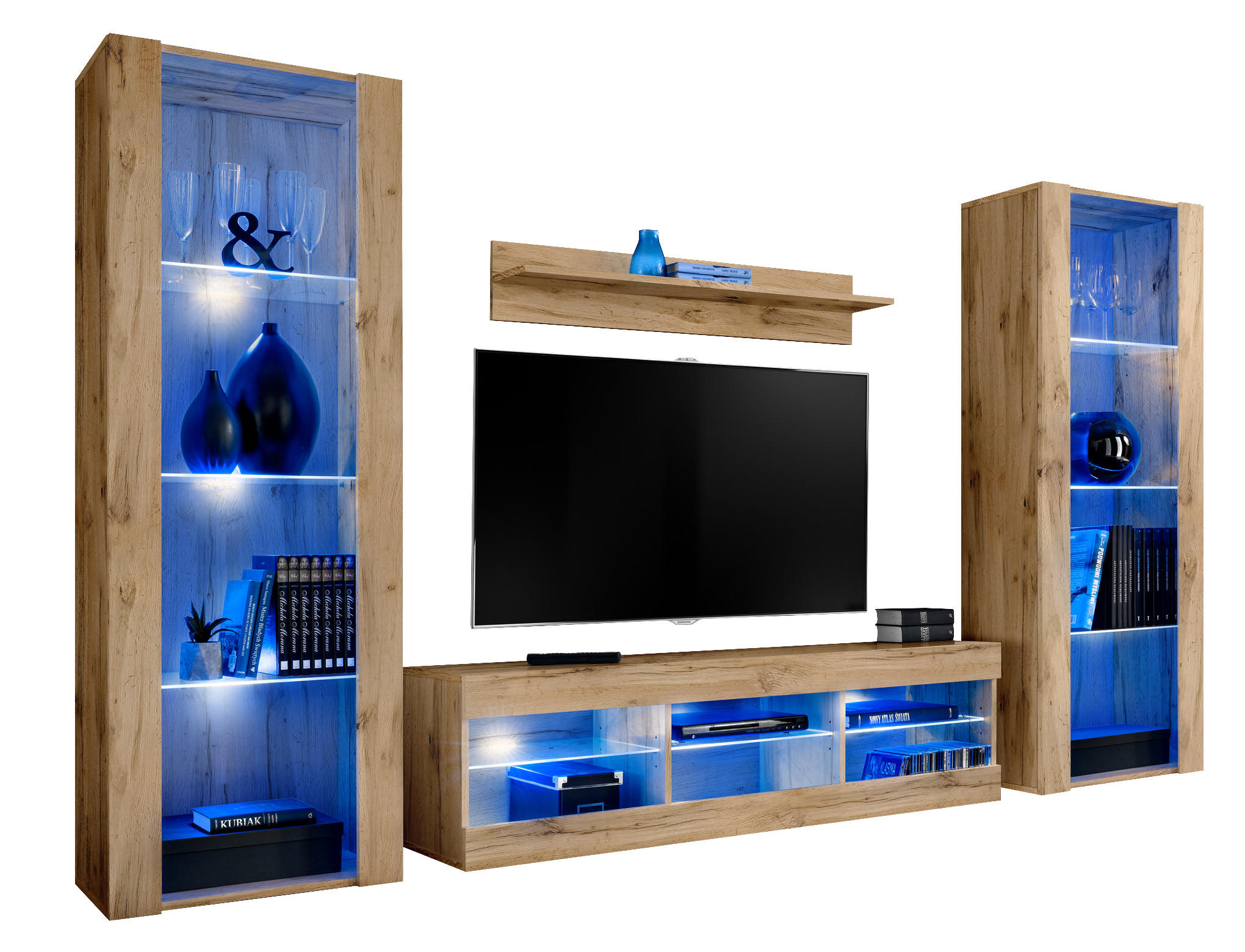 WOHNZIMMERSET TIVOLI GRANDE, 4er-Set, Eiche Wotan, LED Blau - Eiche Wotan, Glas/Holzwerkstoff (250/159/35cm) - Komodee